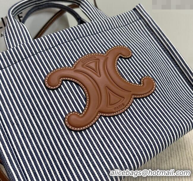 Grade Quality Celine Small Cabas Thais Tote Bag in Striped Textile 199162 Navy Blue 2024