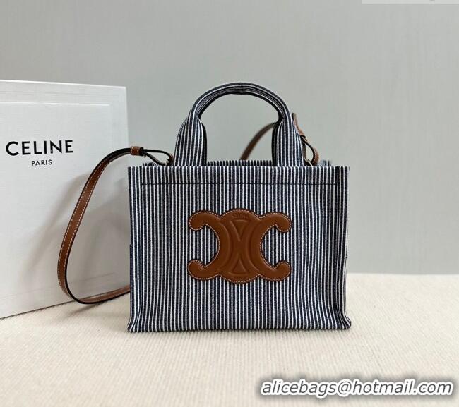 Grade Quality Celine Small Cabas Thais Tote Bag in Striped Textile 199162 Navy Blue 2024