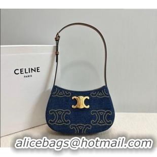 Discount Celine Medium Tilly Hobo Bag with Triomphe Studs in Blue Denim Calfskin 115702 2024