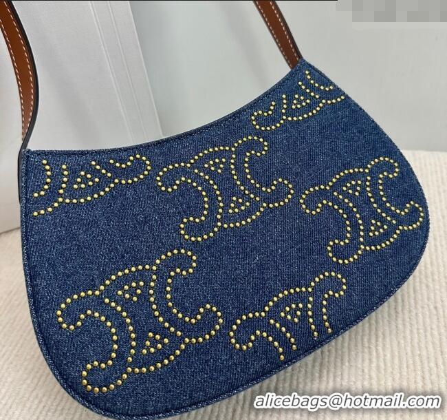Discount Celine Medium Tilly Hobo Bag with Triomphe Studs in Blue Denim Calfskin 115702 2024