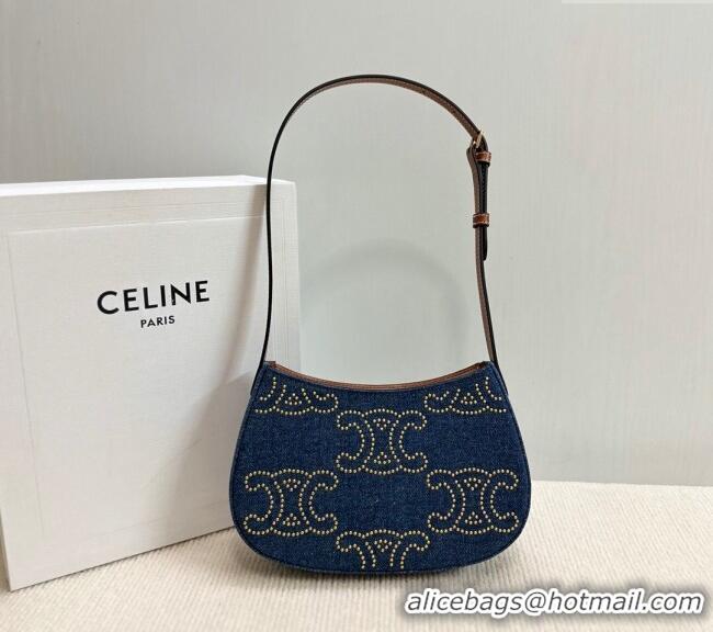 Discount Celine Medium Tilly Hobo Bag with Triomphe Studs in Blue Denim Calfskin 115702 2024