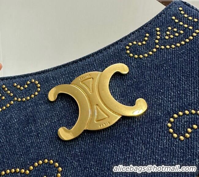 Discount Celine Medium Tilly Hobo Bag with Triomphe Studs in Blue Denim Calfskin 115702 2024