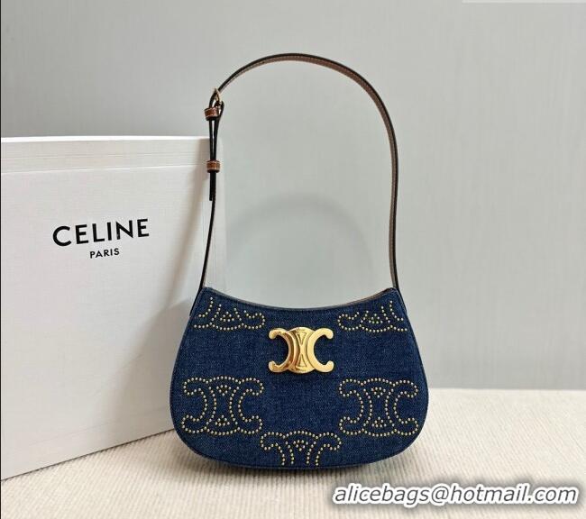 Discount Celine Medium Tilly Hobo Bag with Triomphe Studs in Blue Denim Calfskin 115702 2024