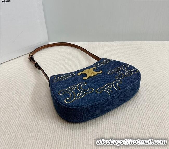 Discount Celine Medium Tilly Hobo Bag with Triomphe Studs in Blue Denim Calfskin 115702 2024