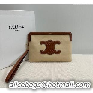 New Cheap Celine Small Pouch with Strap in Textile and Calfskin 10J502 Beige 2024