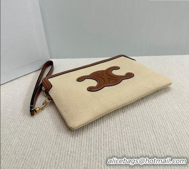 New Cheap Celine Small Pouch with Strap in Textile and Calfskin 10J502 Beige 2024