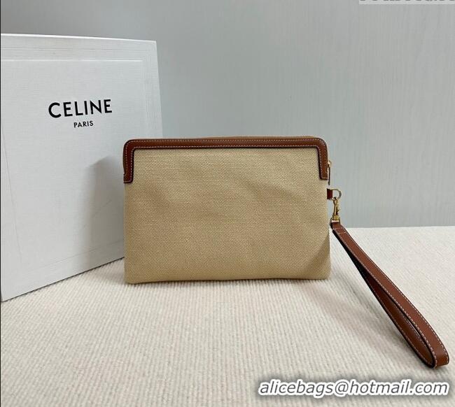 New Cheap Celine Small Pouch with Strap in Textile and Calfskin 10J502 Beige 2024