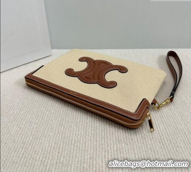 New Cheap Celine Small Pouch with Strap in Textile and Calfskin 10J502 Beige 2024