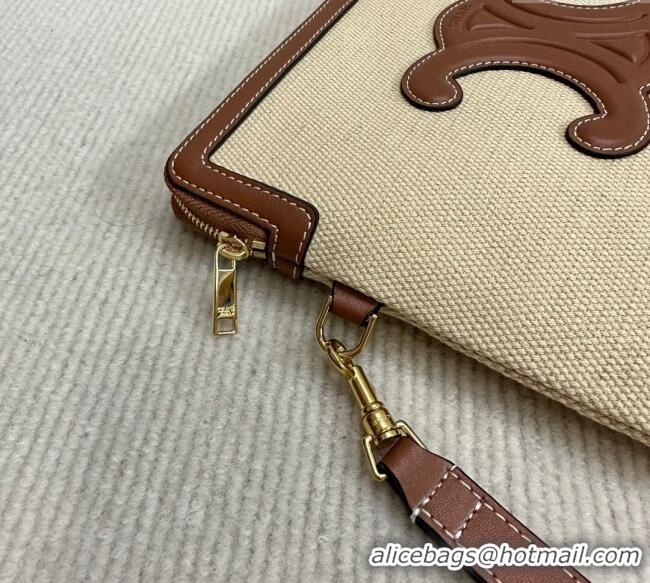 New Cheap Celine Small Pouch with Strap in Textile and Calfskin 10J502 Beige 2024