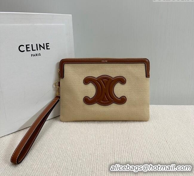 New Cheap Celine Small Pouch with Strap in Textile and Calfskin 10J502 Beige 2024