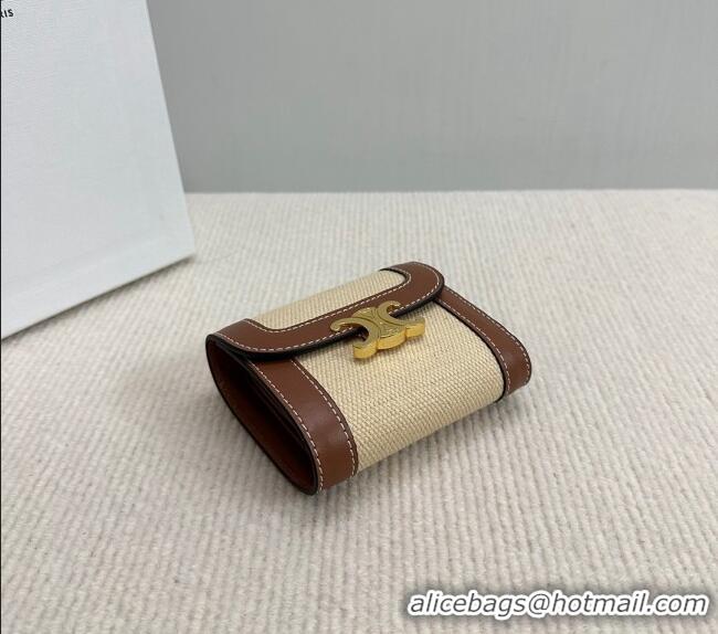 Best Price Celine Small Flap Wallet Triomphe in Textile and Calfskin 10D782 Brown 2024