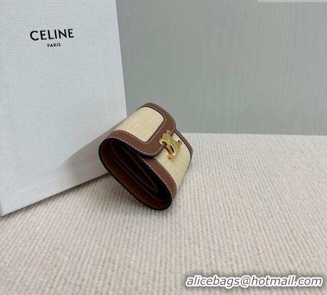 Best Price Celine Small Flap Wallet Triomphe in Textile and Calfskin 10D782 Brown 2024