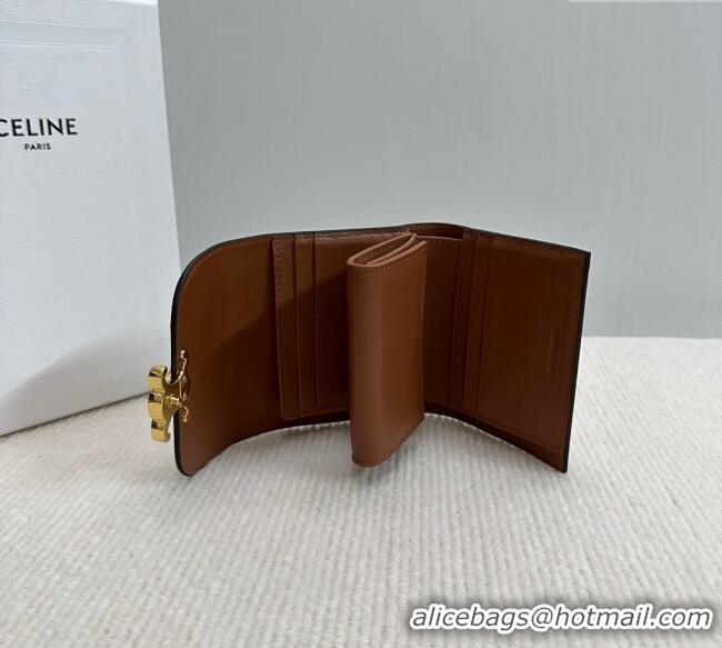Best Price Celine Small Flap Wallet Triomphe in Textile and Calfskin 10D782 Brown 2024