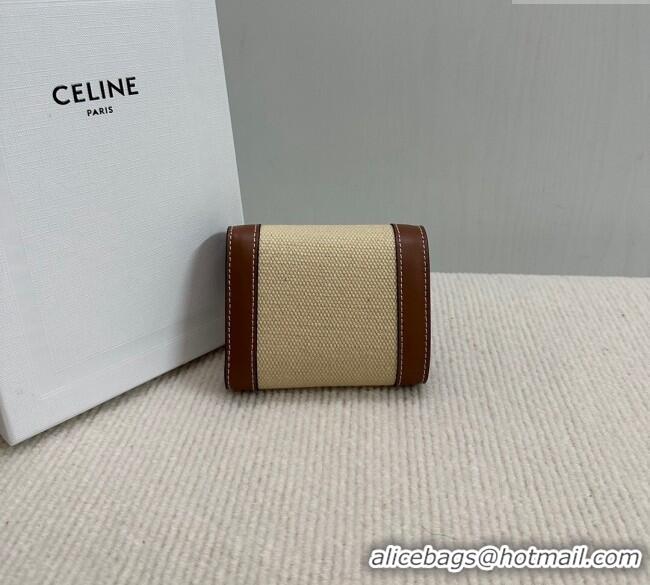 Best Price Celine Small Flap Wallet Triomphe in Textile and Calfskin 10D782 Brown 2024
