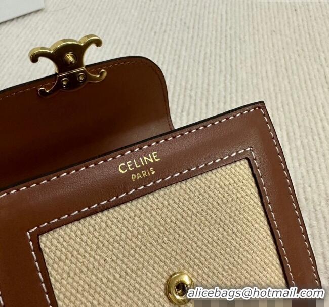 Best Price Celine Small Flap Wallet Triomphe in Textile and Calfskin 10D782 Brown 2024
