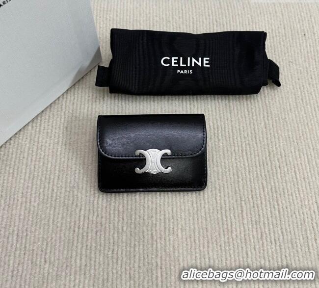 Good Quality Celine Card Holder Wallet with Flap Triomphe in Shiny Calfskin 10I583 Black 2024