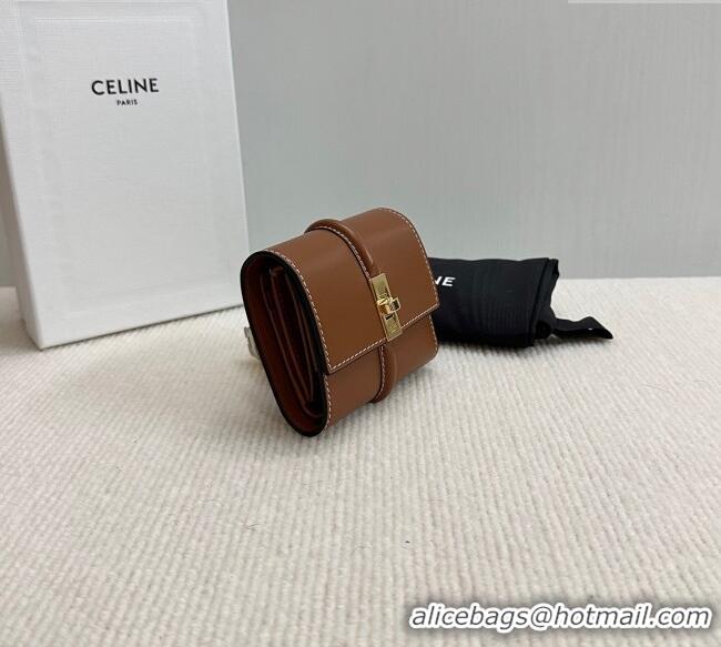 New Cheap Celine Small Trifold Wallet 16 in Satinated Calfskin 10F523 Tan Brown 2025