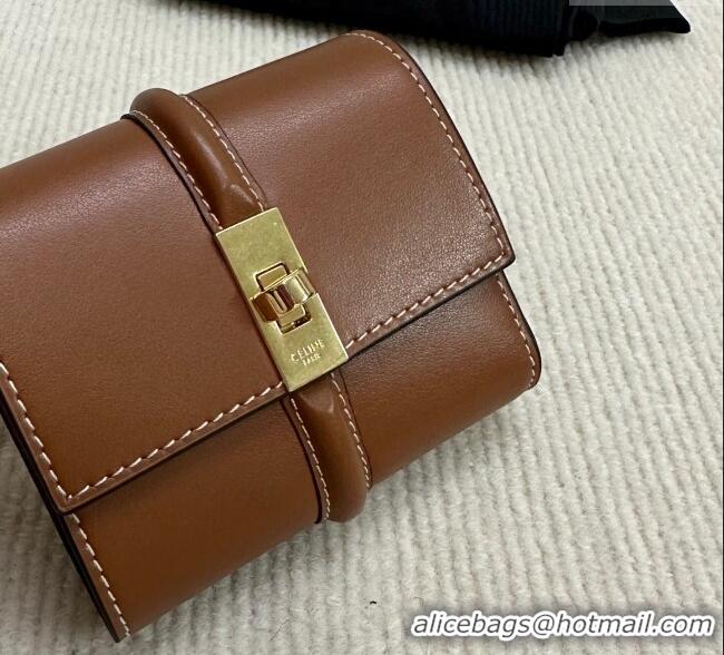 New Cheap Celine Small Trifold Wallet 16 in Satinated Calfskin 10F523 Tan Brown 2025