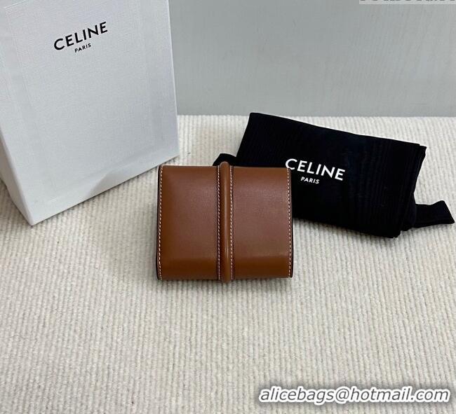 New Cheap Celine Small Trifold Wallet 16 in Satinated Calfskin 10F523 Tan Brown 2025