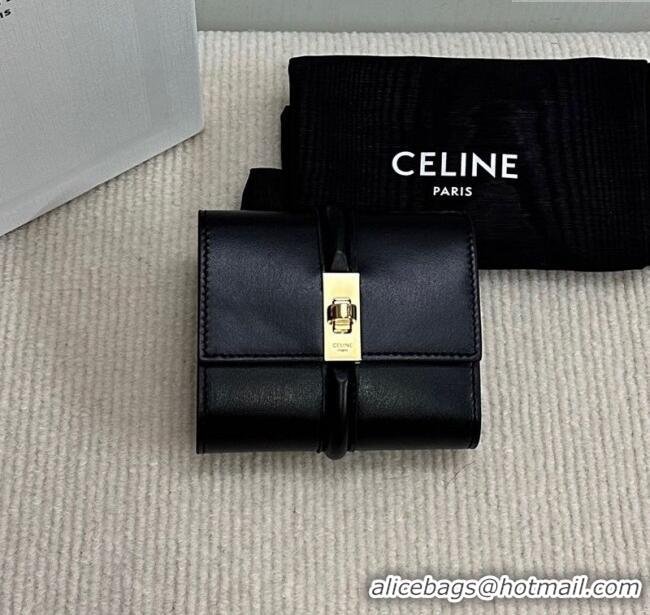 Top Design Celine Small Trifold Wallet 16 in Satinated Calfskin 10F523 Black 2025