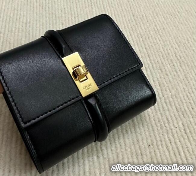 Top Design Celine Small Trifold Wallet 16 in Satinated Calfskin 10F523 Black 2025