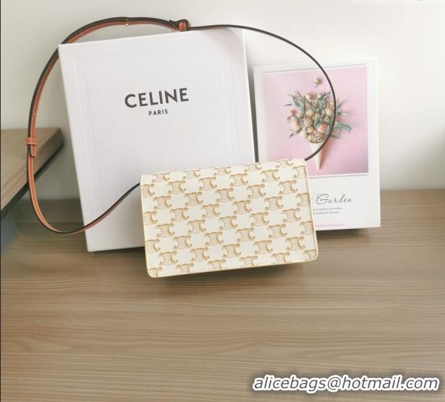Market Sells Celine Wallet on Strap Mini Bag in Triomphe Canvas and Lambskin 10D852 White 2025