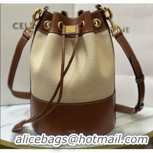 Good Quality Celine Bucket Bag in Linen and Calfskin 113082 Brown 2025