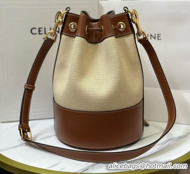 Good Quality Celine Bucket Bag in Linen and Calfskin 113082 Brown 2025