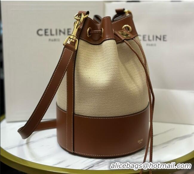 Good Quality Celine Bucket Bag in Linen and Calfskin 113082 Brown 2025