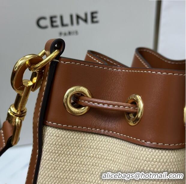 Good Quality Celine Bucket Bag in Linen and Calfskin 113082 Brown 2025