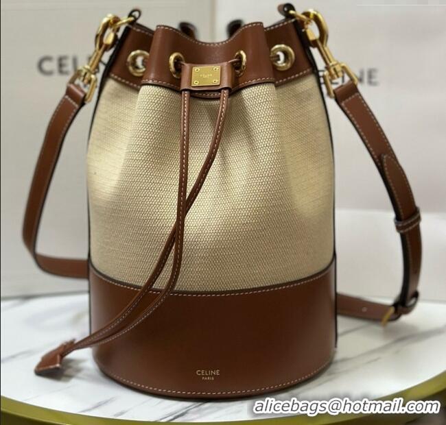 Good Quality Celine Bucket Bag in Linen and Calfskin 113082 Brown 2025