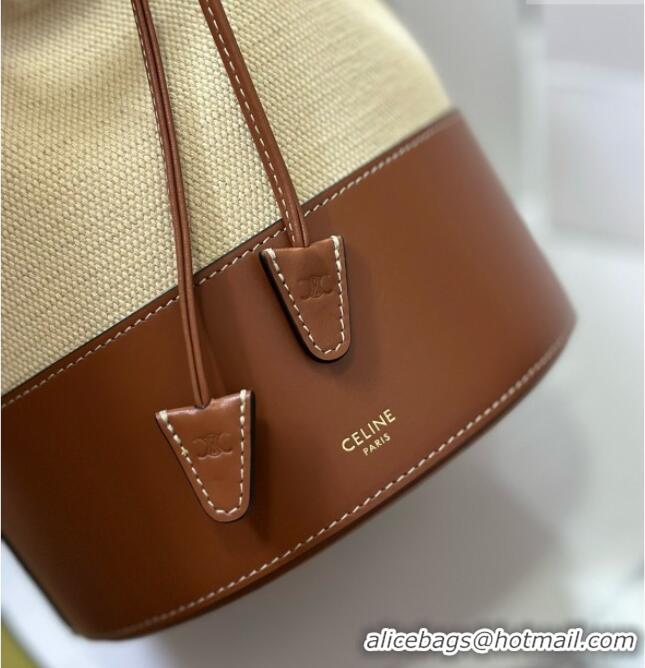 Good Quality Celine Bucket Bag in Linen and Calfskin 113082 Brown 2025