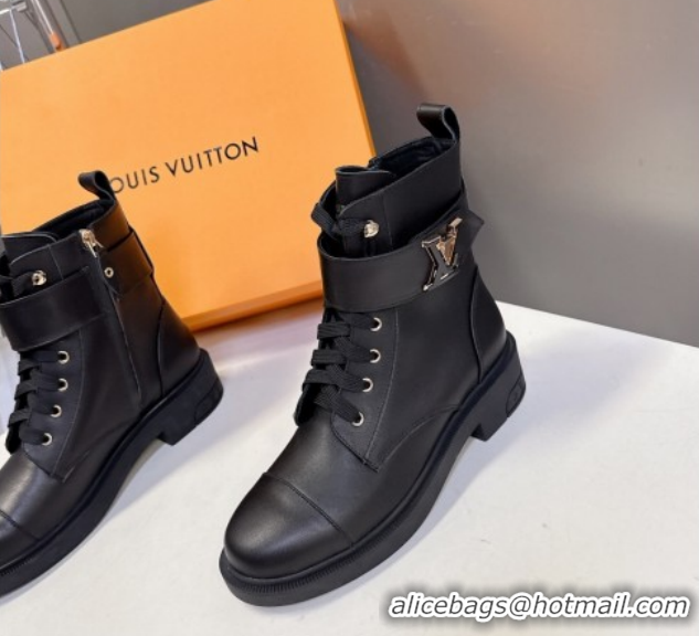 Unique Style Louis Vuitton Citizen Flat Ranger Ankle Boots with LV Strap in Leather Black 1AIUQN 1021092