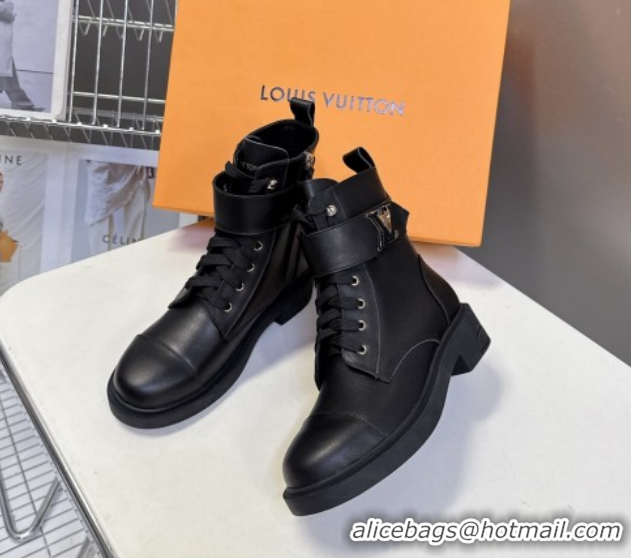 Unique Style Louis Vuitton Citizen Flat Ranger Ankle Boots with LV Strap in Leather Black 1AIUQN 1021092