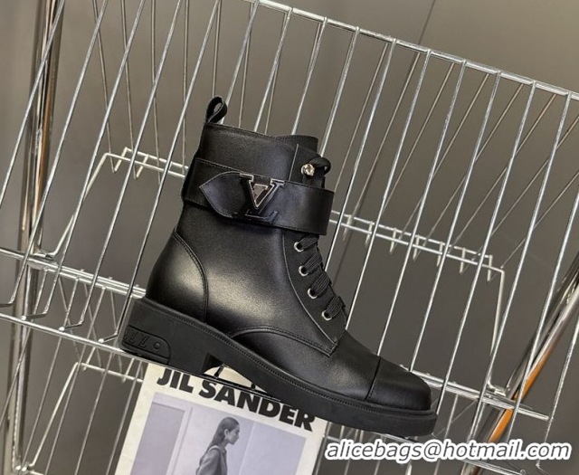 Unique Style Louis Vuitton Citizen Flat Ranger Ankle Boots with LV Strap in Leather Black 1AIUQN 1021092