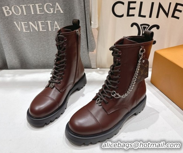 Good Quality Louis Vuitton Citizen Flat Ranger Ankle Boots with Chain and Tag in Leather Brown 1AIUQN 51021094
