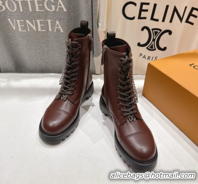 Good Quality Louis Vuitton Citizen Flat Ranger Ankle Boots with Chain and Tag in Leather Brown 1AIUQN 51021094