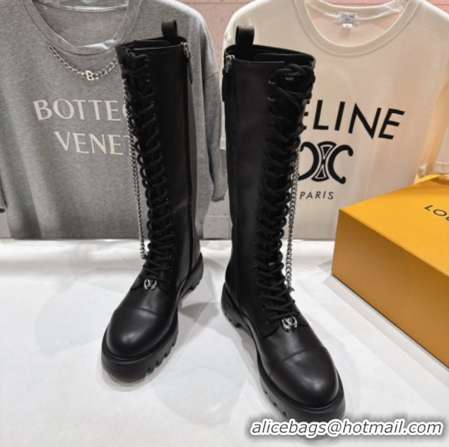 Grade Quality Louis Vuitton Citizen Flat Ranger High Boots with Tag and Chain Black 1AIUQN 1021095