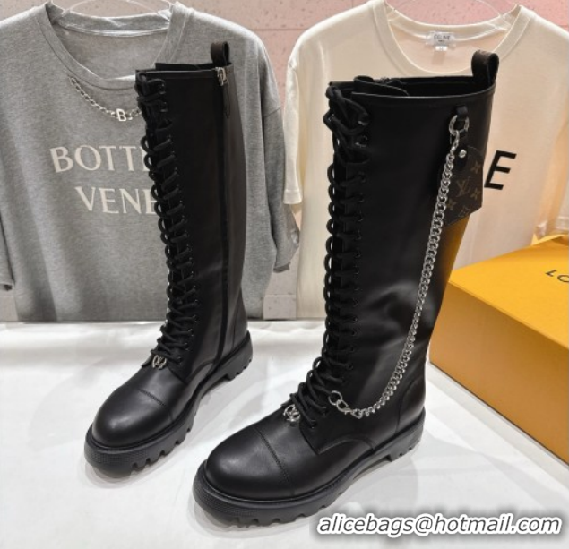 Grade Quality Louis Vuitton Citizen Flat Ranger High Boots with Tag and Chain Black 1AIUQN 1021095