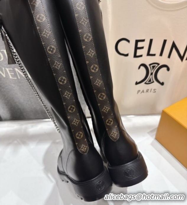 Grade Quality Louis Vuitton Citizen Flat Ranger High Boots with Tag and Chain Black 1AIUQN 1021095