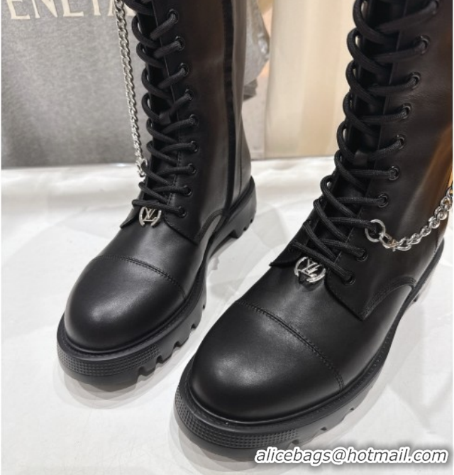 Grade Quality Louis Vuitton Citizen Flat Ranger High Boots with Tag and Chain Black 1AIUQN 1021095