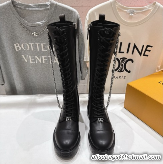 Grade Quality Louis Vuitton Citizen Flat Ranger High Boots with Tag and Chain Black 1AIUQN 1021095