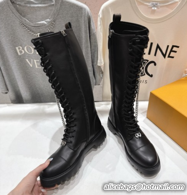 Grade Quality Louis Vuitton Citizen Flat Ranger High Boots with Tag and Chain Black 1AIUQN 1021095