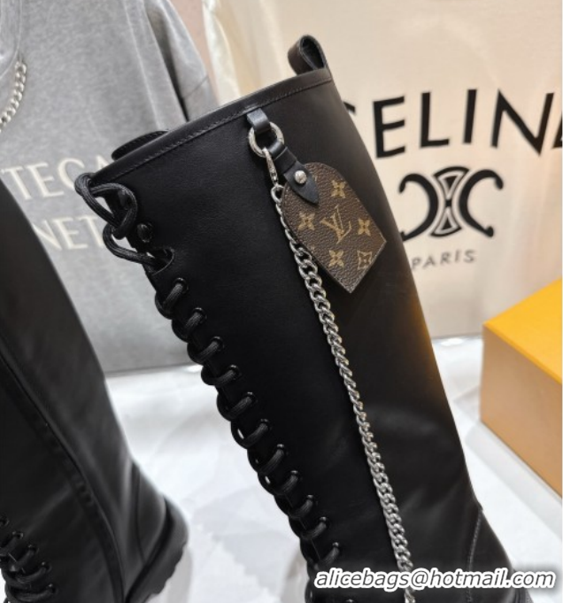 Grade Quality Louis Vuitton Citizen Flat Ranger High Boots with Tag and Chain Black 1AIUQN 1021095