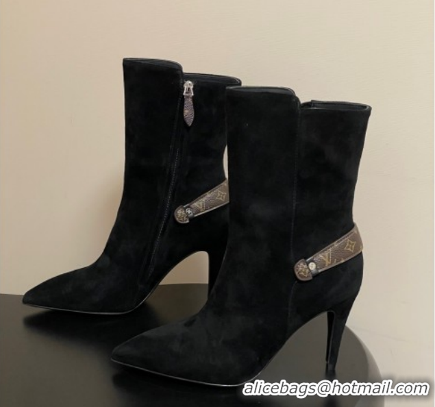 Low Price Louis Vuitton Legacy Heel Ankle Boots 9.5cm in Suede and Back Strap Black 2025 1AIEUG 1021099
