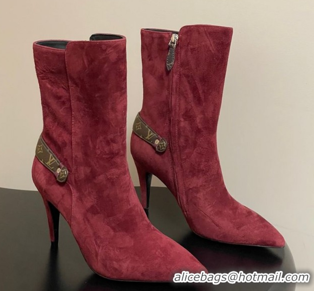 Top Grade Louis Vuitton Legacy Heel Ankle Boots 9.5cm in Suede with Back Strap Burgundy 1AIEUG 1021100