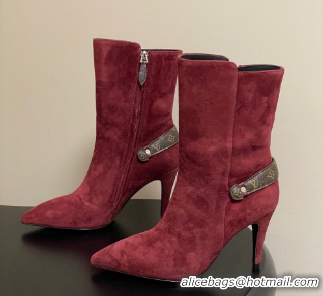 Top Grade Louis Vuitton Legacy Heel Ankle Boots 9.5cm in Suede with Back Strap Burgundy 1AIEUG 1021100