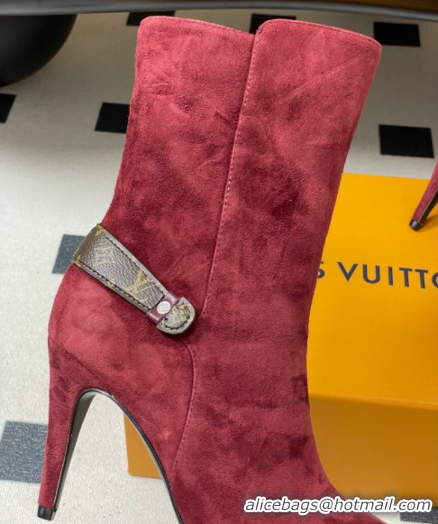 Top Grade Louis Vuitton Legacy Heel Ankle Boots 9.5cm in Suede with Back Strap Burgundy 1AIEUG 1021100
