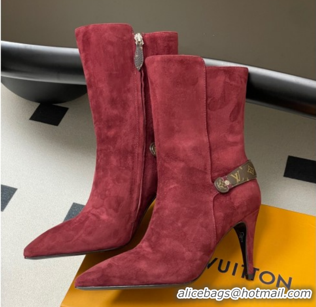 Top Grade Louis Vuitton Legacy Heel Ankle Boots 9.5cm in Suede with Back Strap Burgundy 1AIEUG 1021100