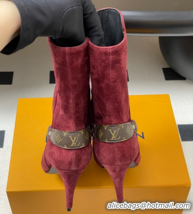 Top Grade Louis Vuitton Legacy Heel Ankle Boots 9.5cm in Suede with Back Strap Burgundy 1AIEUG 1021100